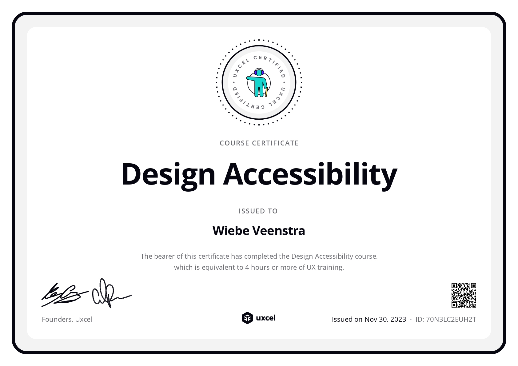 Wiebe Veenstra's certificate